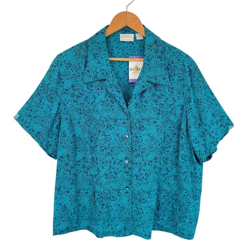 Vtg Liz Claiborne Elisabeth Silk Blouse 22P Blue Paisley Secretary Boxy Feminine